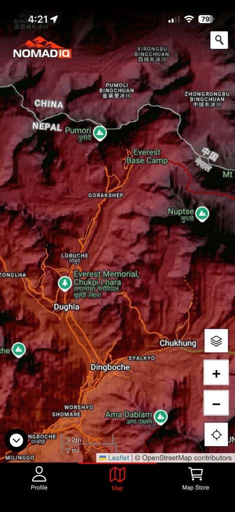 NomadIQ app showing geospatial map layers near Everest Base Camp
